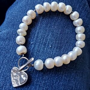 925 Sterling Silver Heart Charm Pearl Bracelet